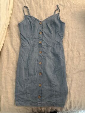 Button-Front Light Blue Denim Mini Dress with Spaghetti Straps